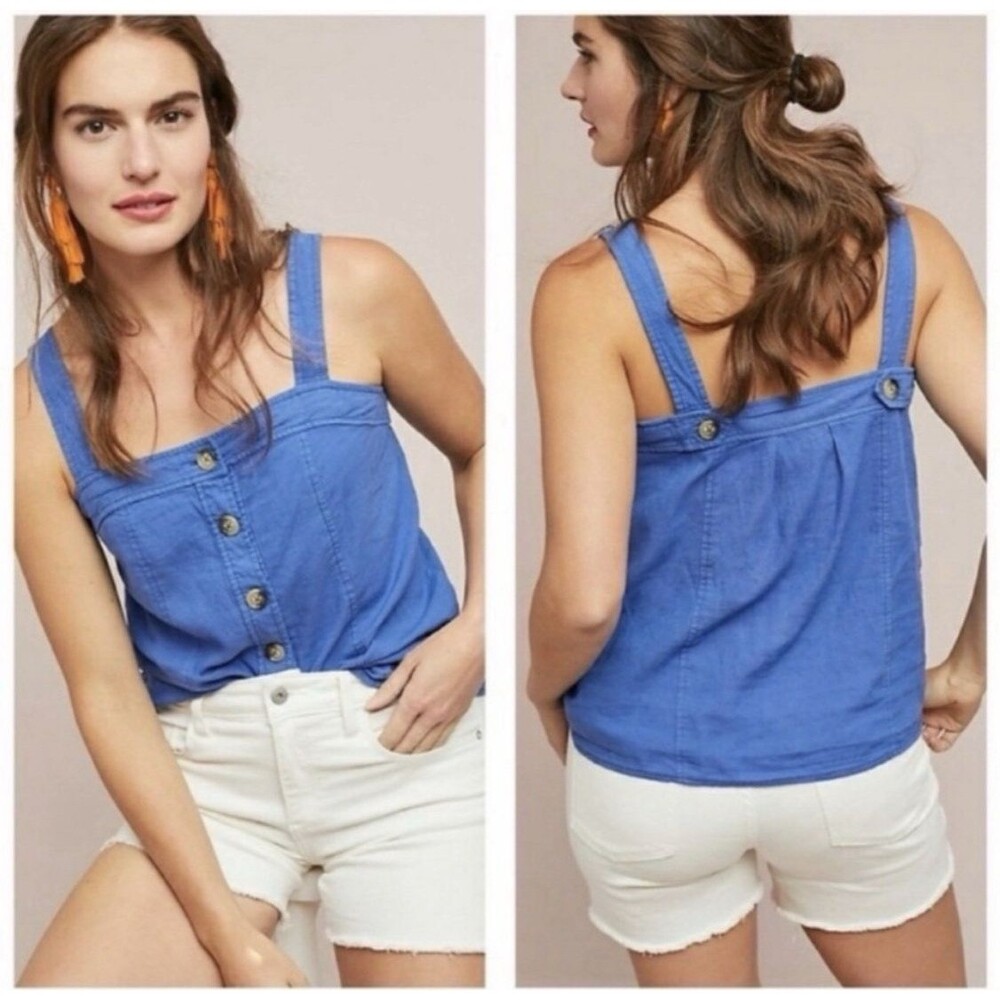 Anthropologie Maeve Berea Button Down Women's Top Tank Size 10 Blue Linen Rayon